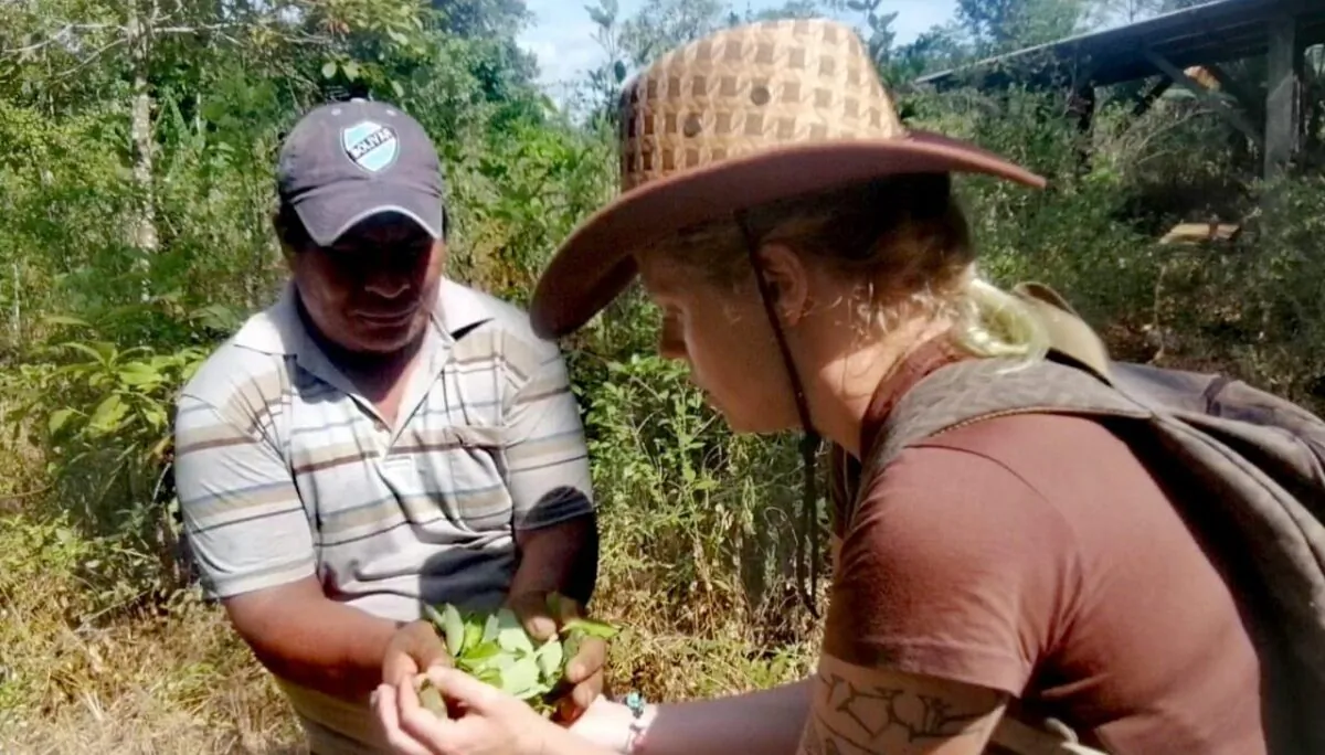 Victor Calichu showing coca leaves on Sept. 16, 2021. (Autumn Spredemann/The Epoch Times)