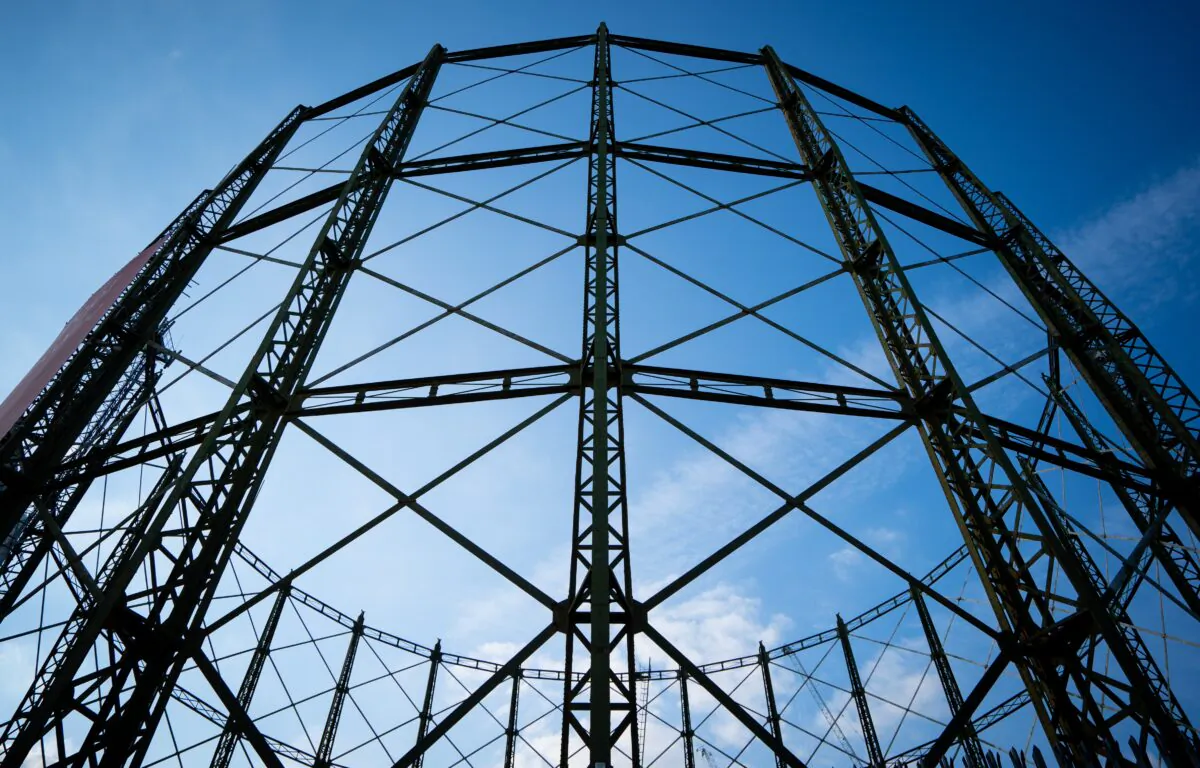 General view of a disused gas holder in central London, on Sept. 22, 2021. (Dominic Lipinski/PA)