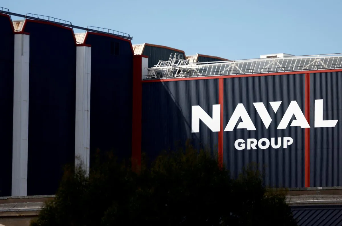 The logo of Naval Group is seen at the French naval base in the shipbuilding town of Cherbourg-en-Contentin, France, on Sep. 23, 2021. (Stephane Mahe/Reuters)