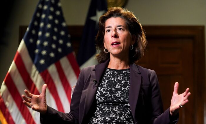 Commerce Secretary Gina Raimondo speaks during a Reuters interview at the Department of Commerce in Washington on Sept. 23, 2021. (Kevin Lamarque/Reuters)