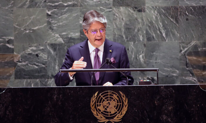 The President of Ecuador, Guillermo Lasso, speaks during the annual gathering for the 76th session of the United Nations General Assembly (UNGA) in New York City on Sept. 21, 2021. (Spencer Platt/Getty Images)