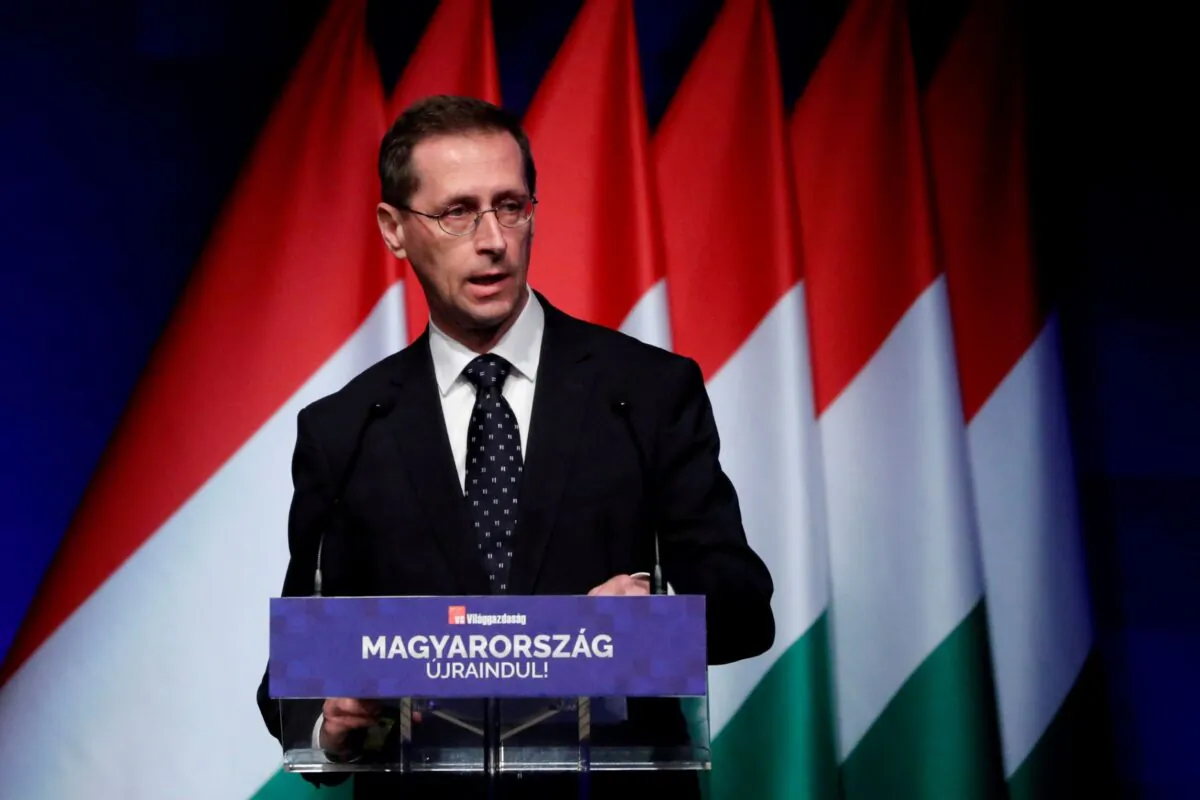 Hungarian Finance Minister Mihaly Varga speaks during a business conference in Budapest, Hungary on June 9, 2021. (Bernadett Szabo/Reuters)