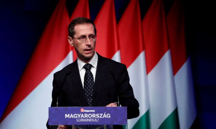 Hungarian Finance Minister Mihaly Varga speaks during a business conference in Budapest, Hungary on June 9, 2021. (Bernadett Szabo/Reuters)