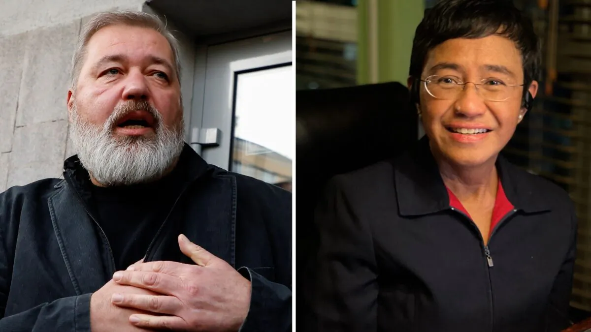 (L - R) Russian investigative newspaper Novaya Gazeta's editor-in-chief Dmitry Muratov in Moscow, Russia, on Oct. 8, 2021. (Maxim Shemetov/Reuters); Filipino journalist sits by the desk at her home in Manila, Philippines, on Oct. 8, 2021. (Rappler/Handout via Reuters)