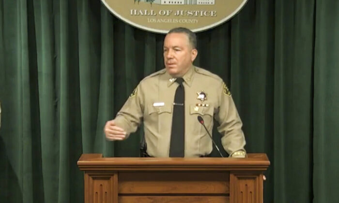 Sheriff Alex Villanueva speaks during a news conference in Los Angeles, Calif., on April 7, 2021. (Los Angeles County Sheriff's Department via AP)