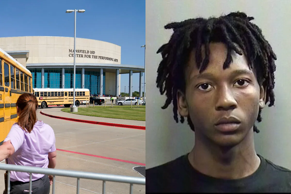 On left, school busses depart past a law enforcement official after dropping off Timberview High School children at the Mansfield ISD Center For The Performing Arts, following a school shooting in Mansfield, Texas, on Oct. 6, 2021. On right, shooting suspect Timothy Simpkins is seen in a mugshot. (AP Photo; Arlington Police Department)