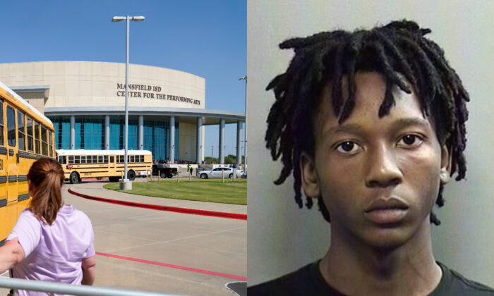On left, school busses depart past a law enforcement official after dropping off Timberview High School children at the Mansfield ISD Center For  Performing Arts, following a school shooting in Mansfield, Texas, on Oct. 6, 2021. On right, shooting suspect Timothy Simpkins is seen in a mugshot. (AP Photo; Arlington Police Department)