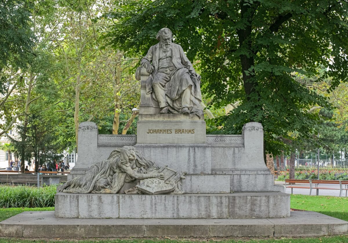 Johannes Brahms Monument in Ressel park of Vienna, Austria. The monument was created by the Austrian sculptor Rudolf Weyr (1847-1914) and unveiled on May 7, 1908. (Mikhail Markovskiy/Shutterstock)