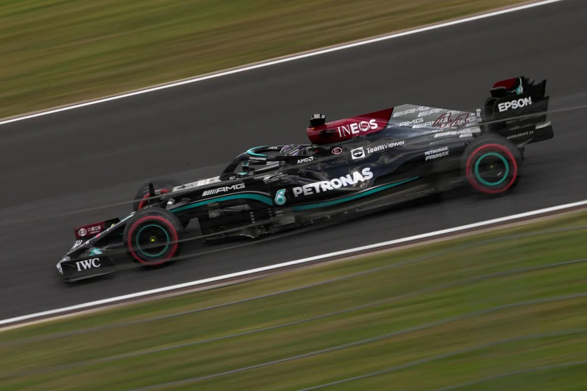 Mercedes driver Lewis Hamilton of Britain at the Intercity Istanbul Park circuit in Istanbul, Turkey, on Oct. 8, 2021. (Francisco Seco/AP Photo)