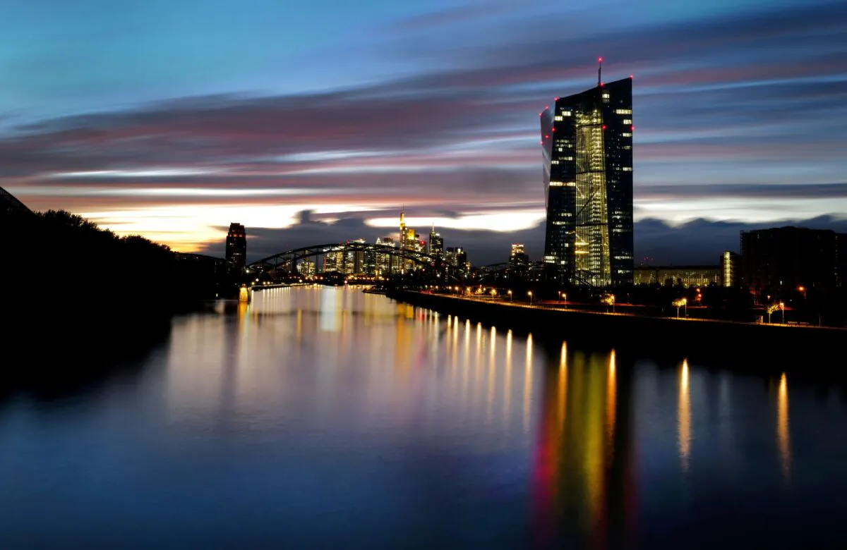 The skyline with the banking district and the headquarters of the European Central Bank (ECB) are photographed in Frankfurt, Germany, on Oct. 4, 2021. (Kai Pfaffenbach/Reuters)