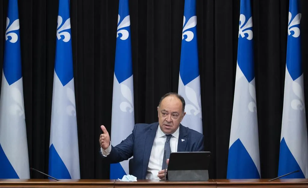 Quebec Health Minister Christian Dubé speaks during a news conference on the COVID-19 pandemic, Thursday, Oct. 7, 2021, at the legislature in Quebec City. (The Canadian Press/Jacques Boissinot)