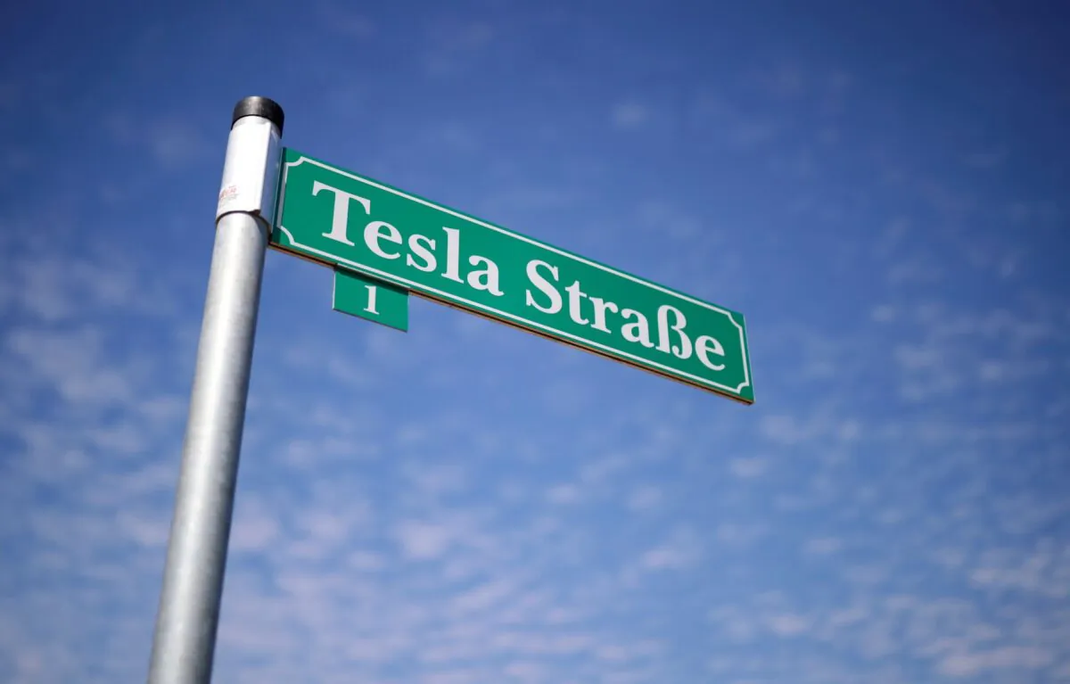 A sign that reads "Tesla Street" is pictured outside the construction site of the future Tesla Gigafactory, in Gruenheide near Berlin, Germany on Aug. 12, 2021. (Hannibal Hanschke/Reuters)