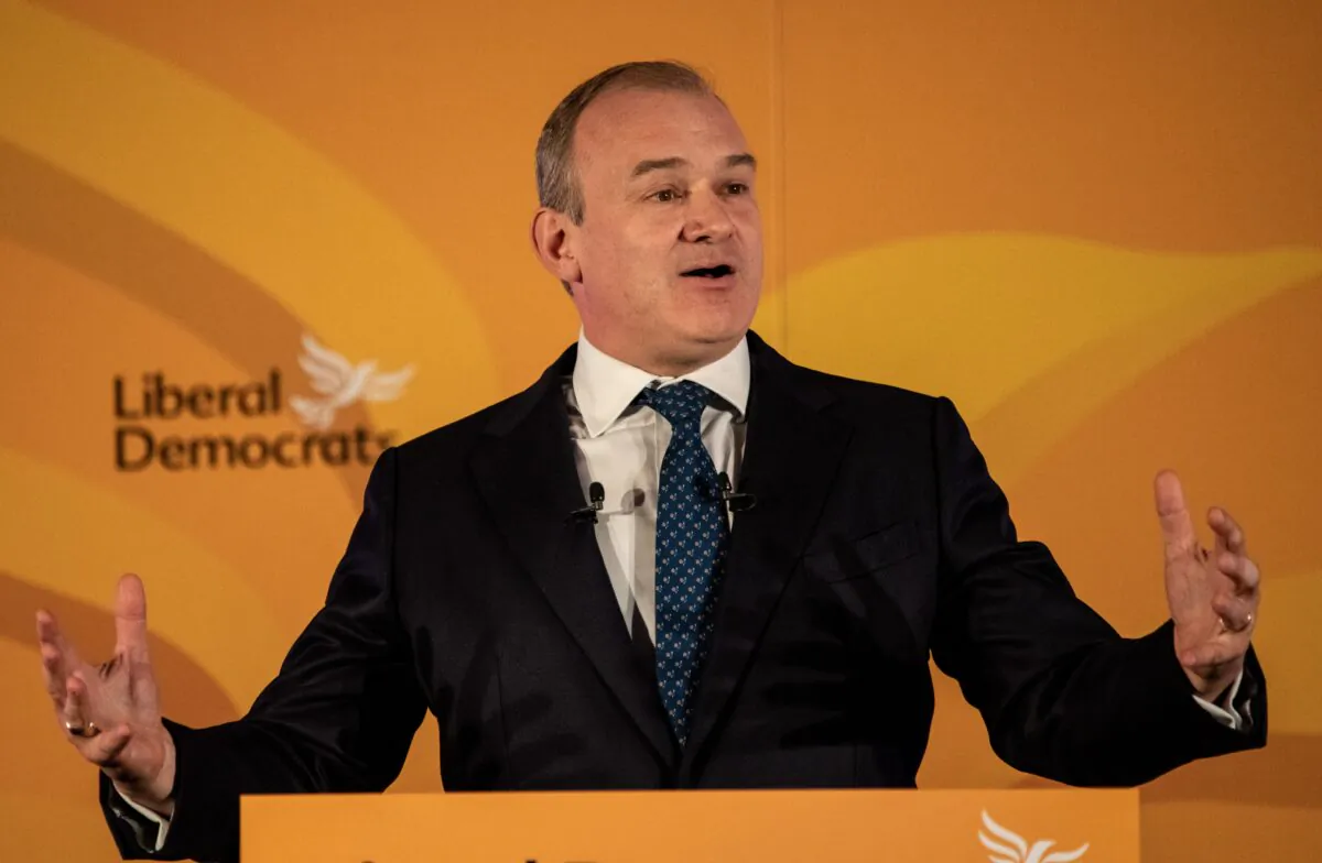Liberal Democrat leader Ed Davey delivers his speech to a small audience at the party's online autumn conference in London, on Sept. 19, 2021. (Chris J Ratcliffe/Getty Images)