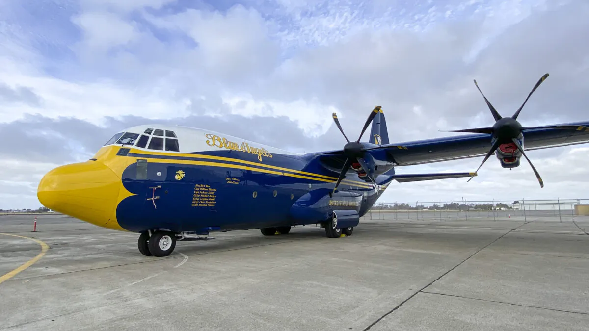 The Blue Angels C-130, also known as “Fat Albert,” at the Oakland International Airport on Oct. 7, 2021. (Ilene Eng/The Epoch Times)