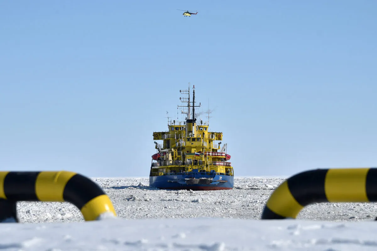 The icebreaker Tor at the port of Sabetta in the Kara Sea shore line, on the Yamal Peninsula in the Arctic circle, some 1,500 miles from Moscow, on April 16, 2015. (Kirill Kudryavtsev/AFP via Getty Images)