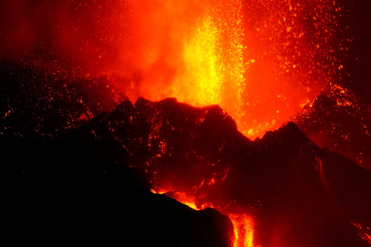The Cumbre Vieja volcano continues to erupt on the Canary Island of La Palma, as seen from Tacande, Spain, on Oct. 9, 2021. (Juan Medina/Reuters)