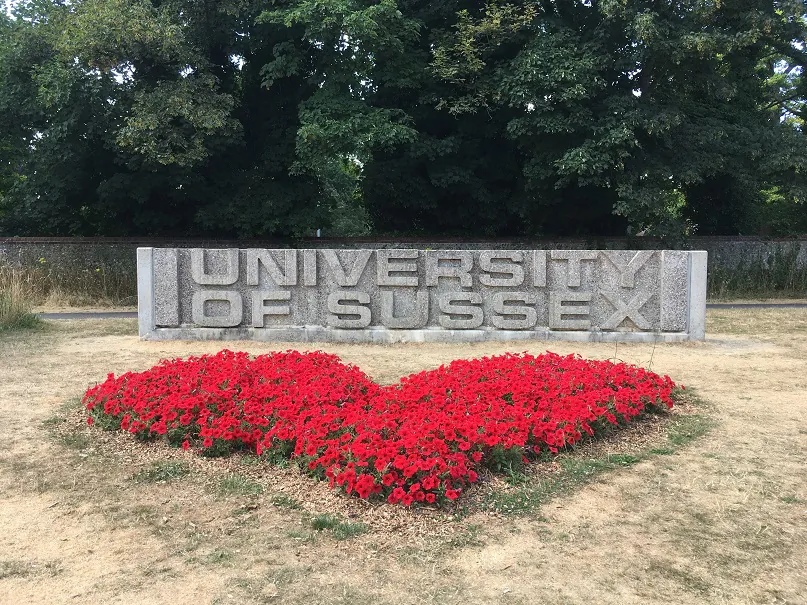 A sign for the University of Sussex, in East Sussex, England, on July 24, 2018 (Racho_m via Wikimedia Commons/CC BY-SA 4.0)