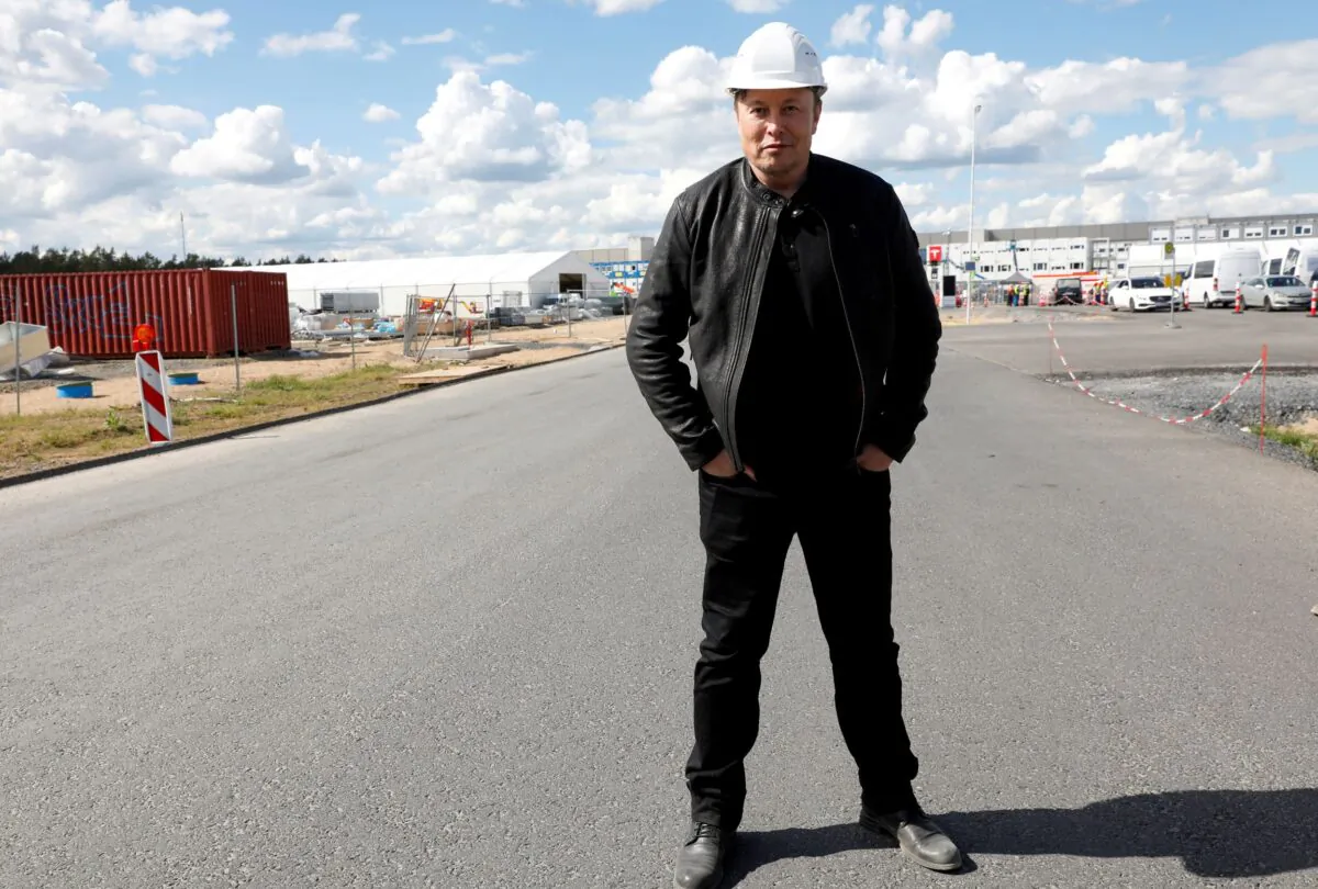 SpaceX founder and Tesla CEO Elon Musk looks on as he visits the construction site of Tesla's gigafactory in Gruenheide, near Berlin, Germany on May 17, 2021. (Michele Tantussi/Reuters)