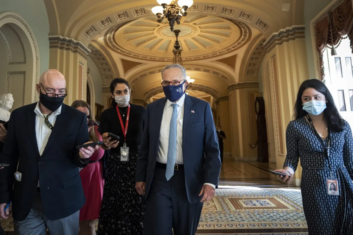 Senate Majority Leader Chuck Schumer (D-N.Y.) is seen in Washington on Oct. 7, 2021. (Drew Angerer/Getty Images)