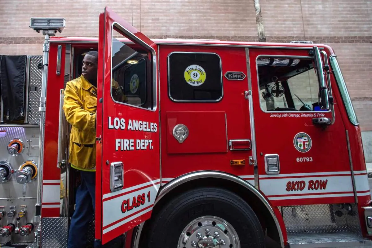 A fire truck in downtown  Los Angeles on April 12, 2020. (Apu Gomes/AFP via Getty Images)
