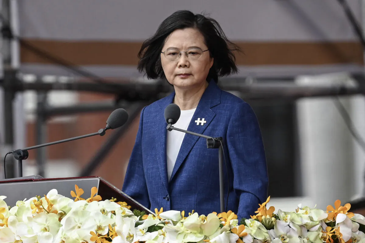Taiwan's President Tsai Ing-wen speaks during National Day celebrations in front of the Presidential Office in Taipei, Taiwan, on Oct. 10, 2021. (Sam Yeh/AFP via Getty Images)