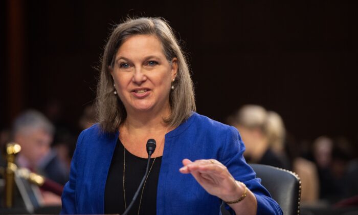 Former U.S. Assistant Secretary of State for European and Eurasian Affairs Victoria Nuland testifies before the Senate Intelligence Committee during a hearing on "Policy Response to Russian Interference in the 2016 US Elections" on Capitol Hill in Washington, DC, on June 20, 2018. (NICHOLAS KAMM/AFP via Getty Images)