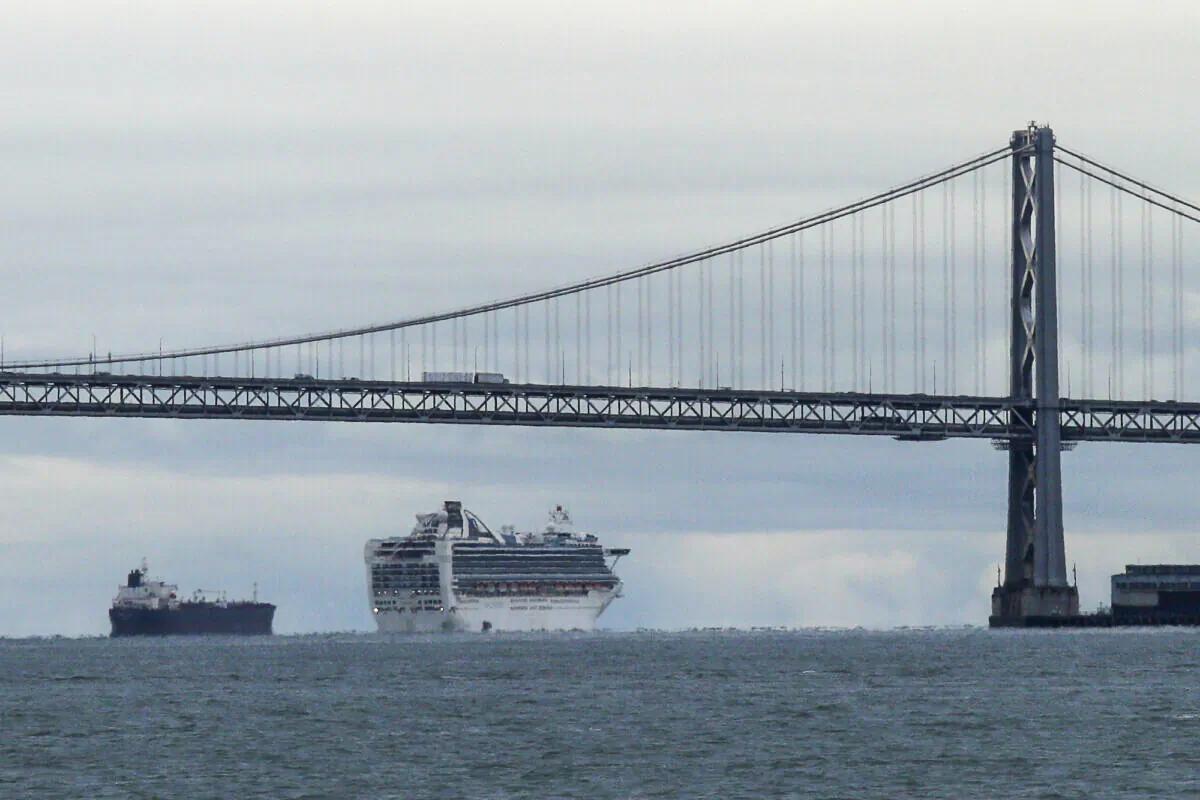 The Grand Princess cruise ship makes its way to an anchorage, in San Francisco, March 16, 2020. (Eric Risberg,File/AP Photo)