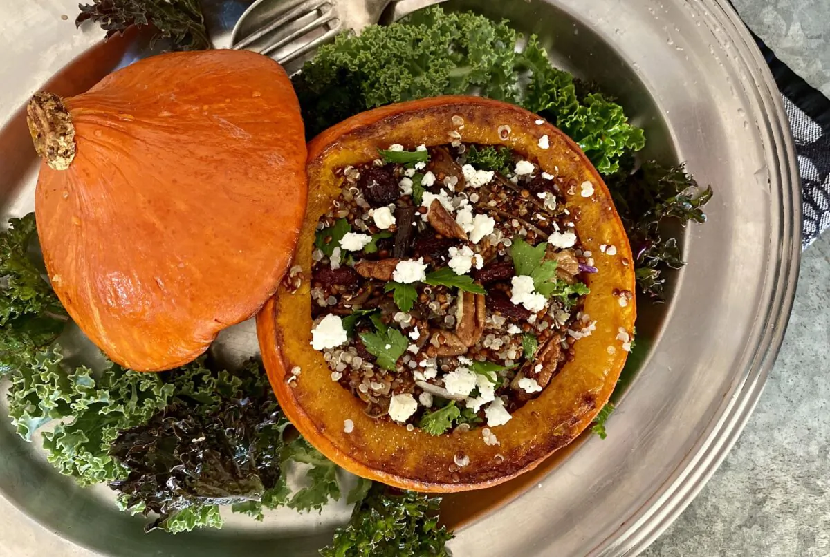 A stuffing of protein-rich quinoa, cranberries, nuts, and goat cheese turn half a squash into a whole meal. (Lynda Balslev for Tastefood)