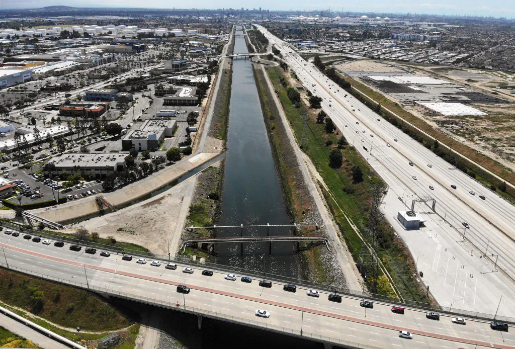 An aerial drone view of traffic in Carson, Calif., on April 18, 2020. (Mario Tama/Getty Images)