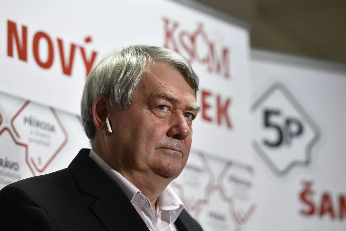 Chairman of the The Communist Party of Bohemia and Moravia (KSČM) Vojtech Filip talks to the media after the parliamentary election in Prague, Czech Republic, on Oct. 9, 2021. (Radek Petrasek/CTK via AP)