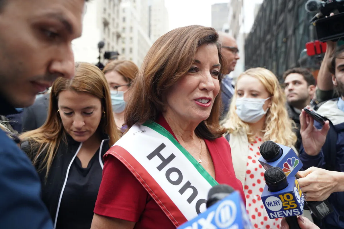 Kathy Hochul talking to reporters during Columbus Day parade, Manhattan, N.Y., on Oct. 11, 2021. (Enrico Trigoso/The Epoch Times)