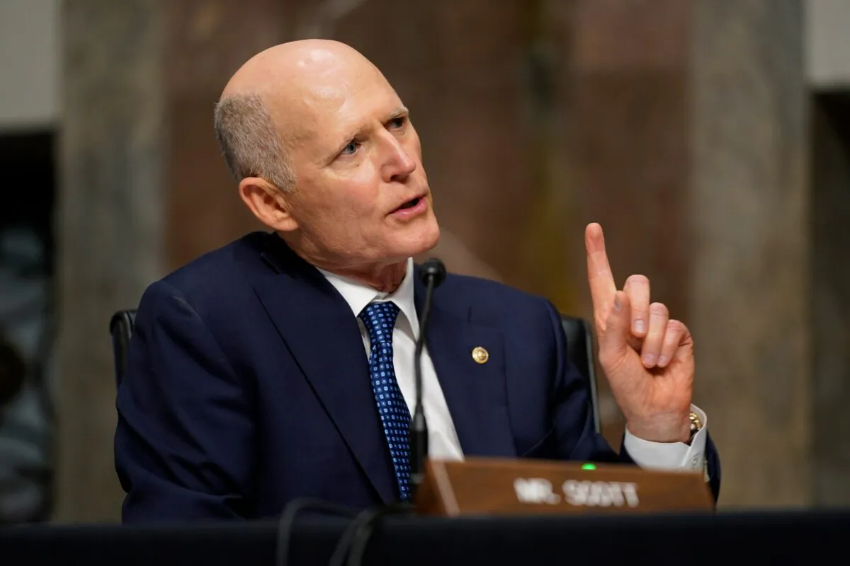 Sen. Rick Scott (R-Fla.) speaks during a Senate Armed Services Committee hearing on Capitol Hill in Washington on Sept. 28, 2021. (Patrick Semansky-Pool/Getty Images)