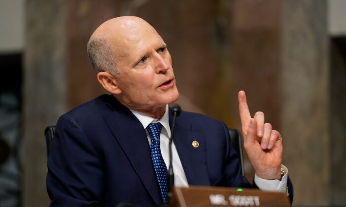 Sen. Rick Scott (R-Fla.) speaks during a Senate Armed Services Committee hearing on Capitol Hill in Washington on Sept. 28, 2021. (Patrick Semansky-Pool/Getty Images)