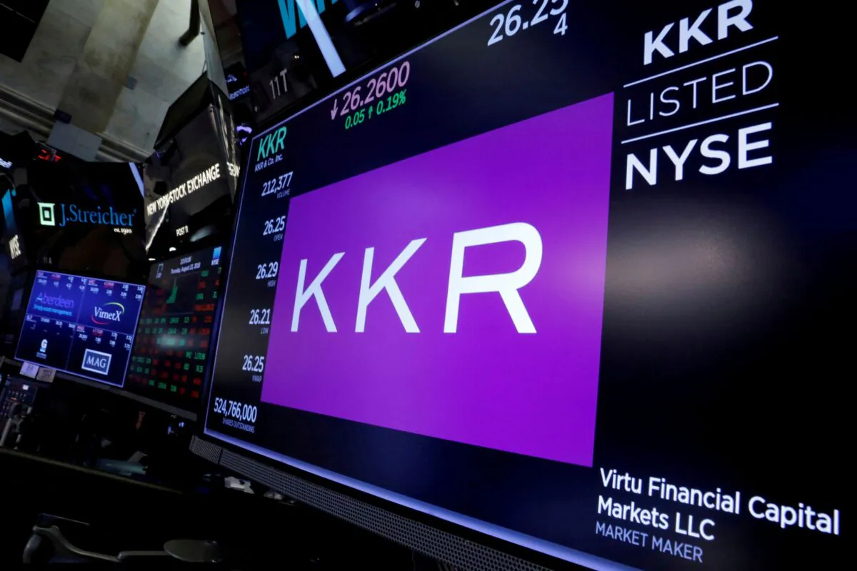Trading information for KKR & Co is displayed on a screen on the floor of the New York Stock Exchange (NYSE) in New York on Aug. 23, 2018. (Brendan McDermid/Reuters)