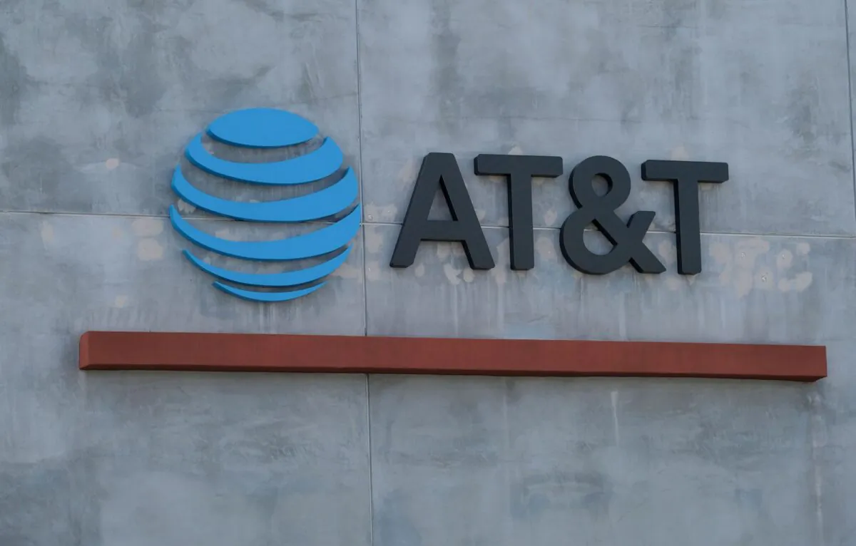The AT&T logo sign is seen above the store in Culver City, California on January 28, 2021. (Chris Delmas/AFP via Getty Images)