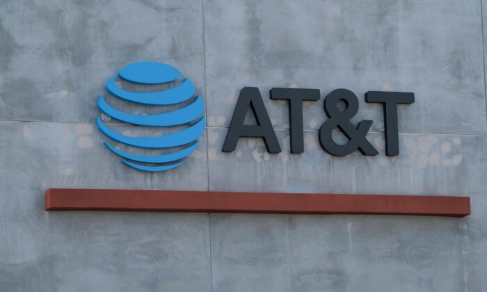  AT&T logo sign is seen above the store in Culver City, California on January 28, 2021. (Chris Delmas/AFP via Getty Images)