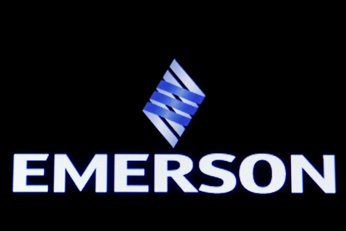 Emerson Electric Co. is displayed on a screen on the floor at the New York Stock Exchange (NYSE) in New York on Jan. 13, 2020. (Brendan McDermid/Reuters)