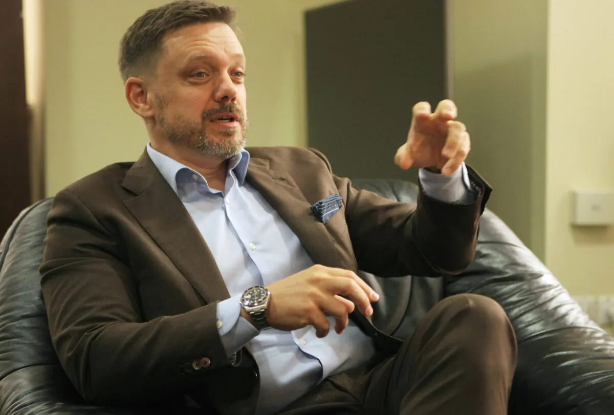 Yevgen Metsger, Chairman of the Management Board of the Ukreximbank, speaks during an interview in Kyiv, Ukraine, on Aug. 19, 2021. (Yevhen Kotenko/Reuters)