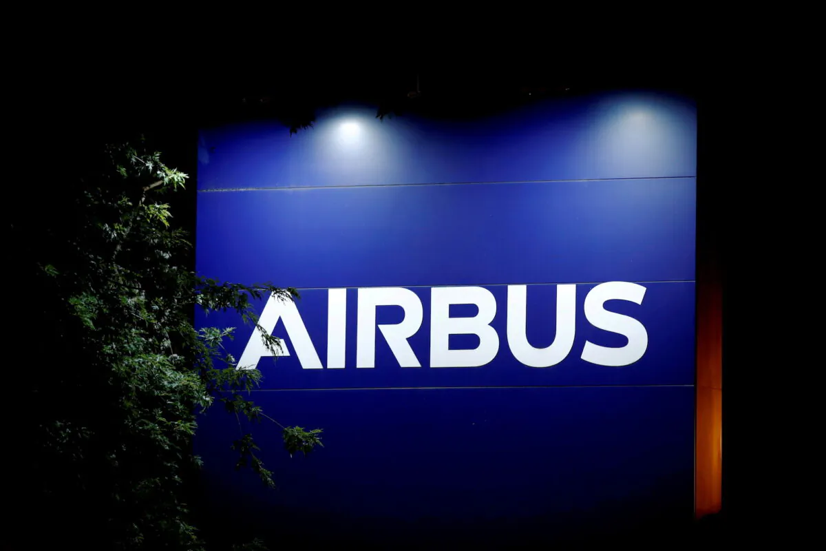 A logo of Airbus is seen at the entrance of its factory in Blagnac near Toulouse, France, on July 2, 2020. (Benoit Tessier/Reuters)