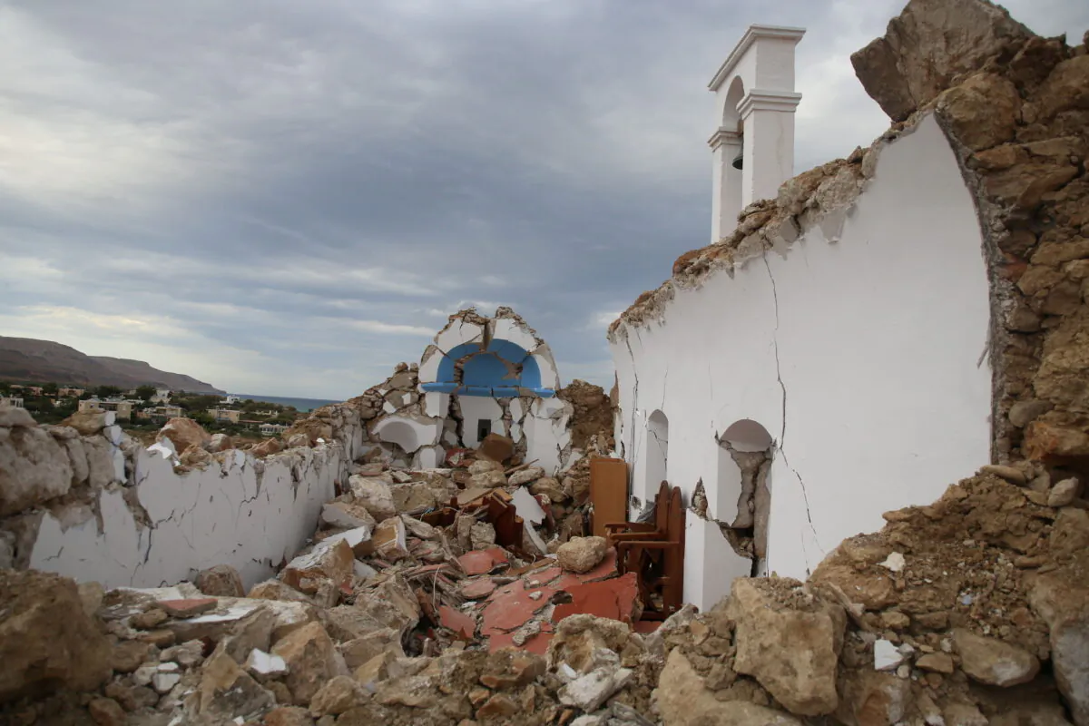 A view of a destroyed chapel following an earthquake is shown in the village of Xerokampos on the island of Crete, Greece, on Oct.12, 2021. (Stringer/Reuters)