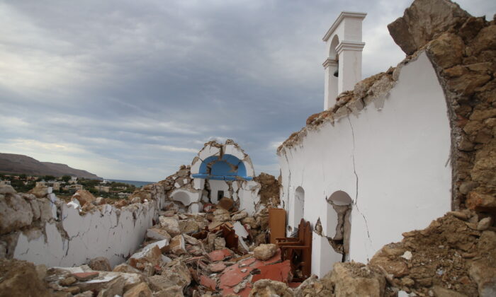 A view of a destroyed chapel following an earthquake is shown in the village of Xerokampos on the island of Crete, Greece, on Oct.12, 2021. (Stringer/Reuters)