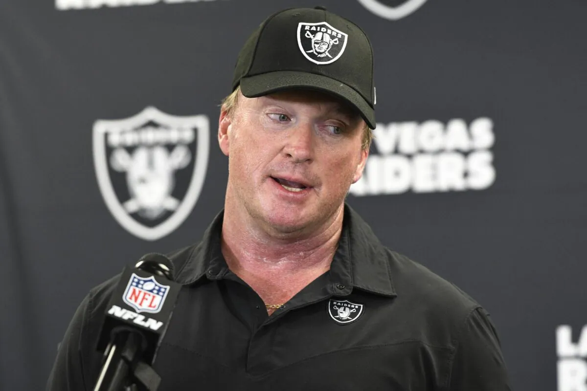 Las Vegas Raiders head coach Jon Gruden meets with the media following an NFL football game against the Pittsburgh Steelers in Pittsburgh on Sept. 19, 2021. (Don Wright/AP Photo)