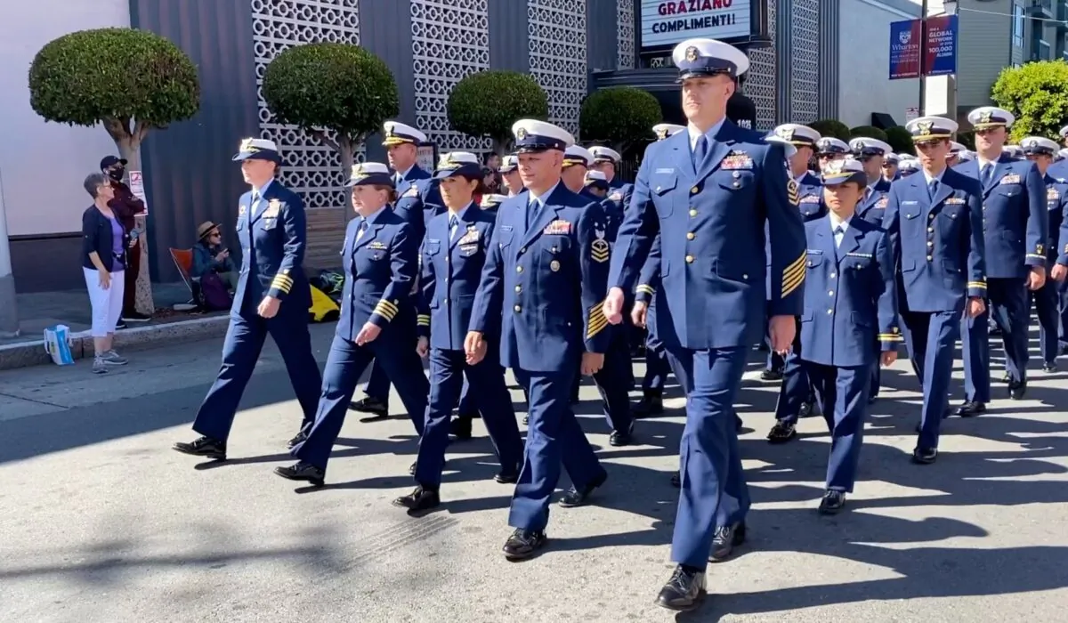 Members of the U.S. Coast Guard march in the Italian Heritage Parade in San Francisco, Calif., on Oct. 10, 2021. (Ilene  Eng/The Epoch Times)