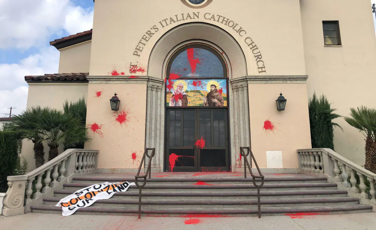 St. Peter's Italian Church on the edge of Chinatown in Los Angeles was vandalized, on Oct. 11, 2021. (Hayley Smith/Los Angeles Times/TNS)