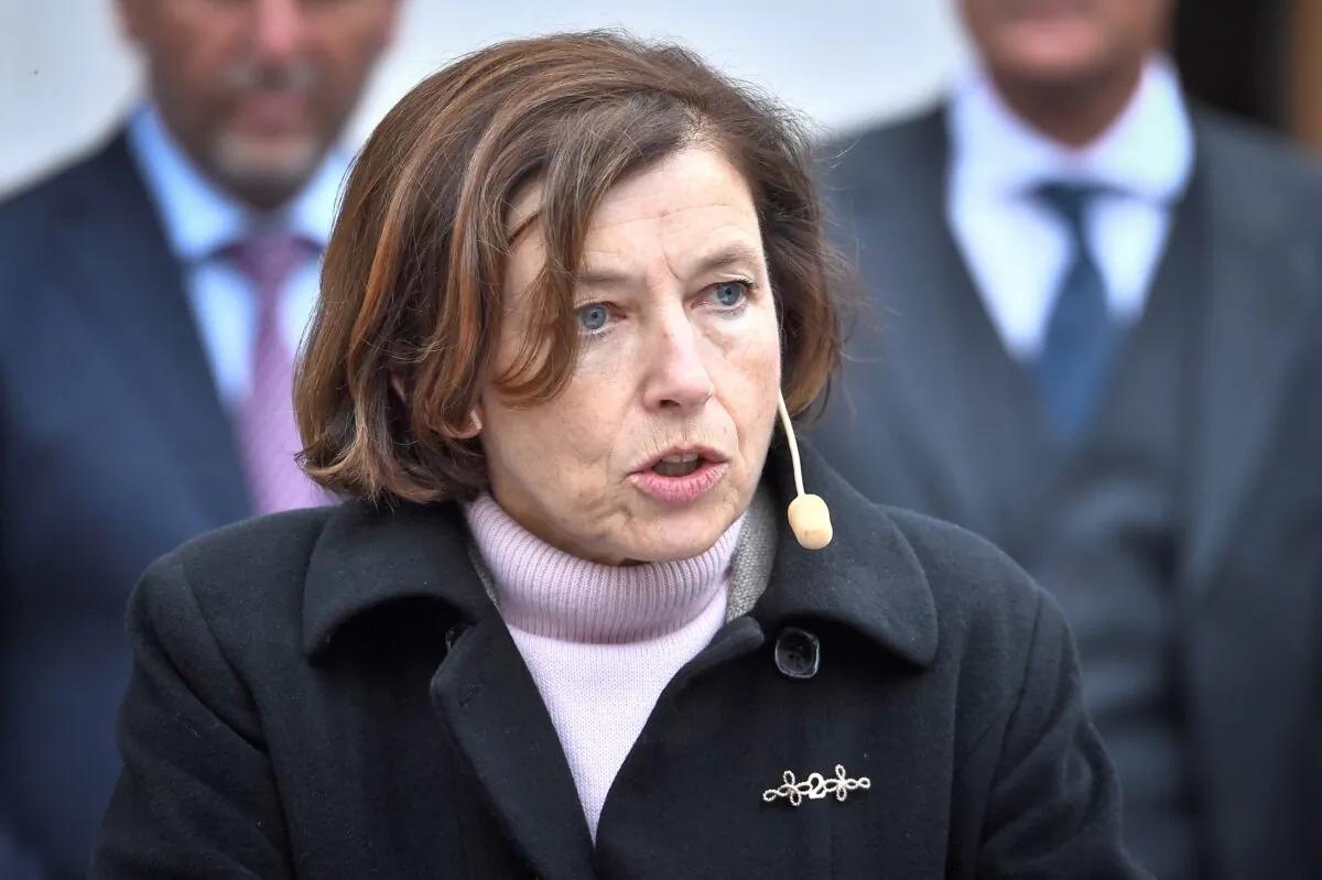 France's Minister of Defense Florence Parly speaks during a press briefing at Karlberg Castle in Stockholm, Sweden, on Sept. 24, 2021. (Claudio Bresciani/TT News Agency via Reuters)