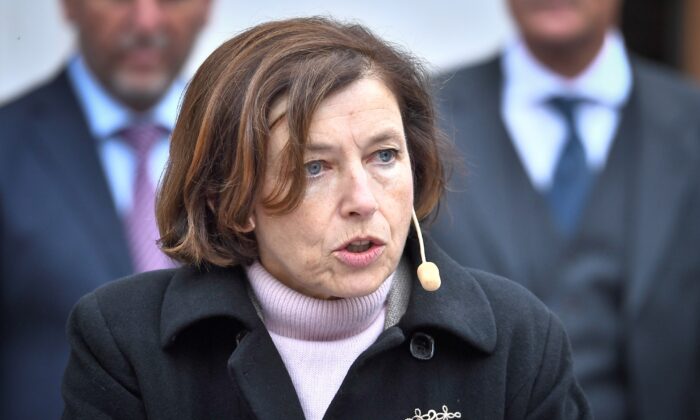 France's Minister of Defense Florence Parly speaks during a press briefing at Karlberg Castle in Stockholm, Sweden, on Sept. 24, 2021. (Claudio Bresciani/TT News Agency via Reuters)