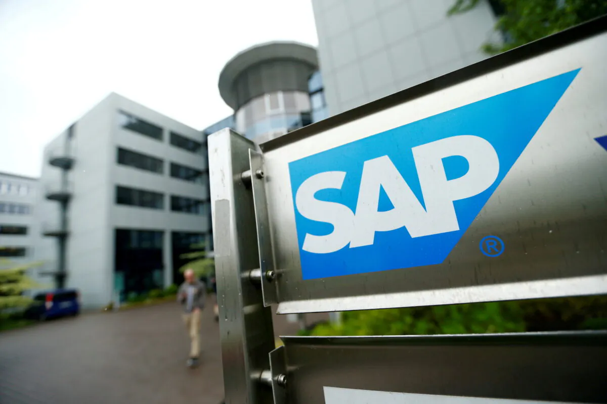 The logo of German software group SAP is pictured at its headquarters in Walldorf, Germany, on May 12, 2016. (Ralph Orlowski/Reuters)