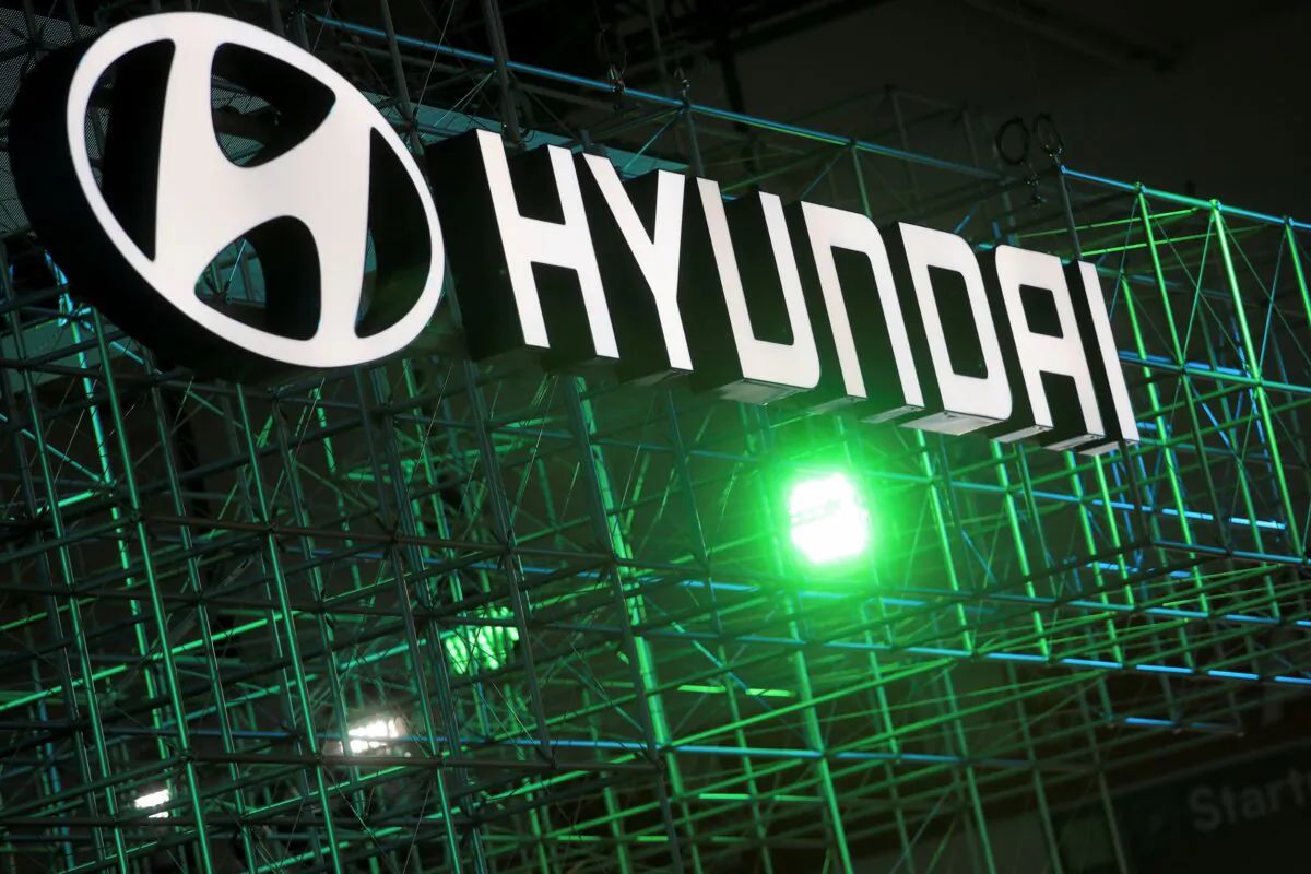 Hyundai logo is seen during Munich Auto Show, IAA Mobility 2021 in Munich, Germany, on Sept. 8, 2021. (Wolfgang Rattay/Reuters)