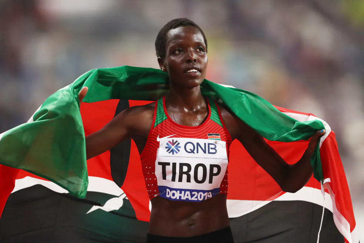 Agnes Jebet Tirop of Kenya celebrates winning bronze in the Women's 10,000-meter final during day two of 17th IAAF World Athletics Championships Doha 2019 at Khalifa International Stadium in Doha, Qatar, on Sept. 28, 2019. (Alexander Hassenstein/Getty Images for IAAF)