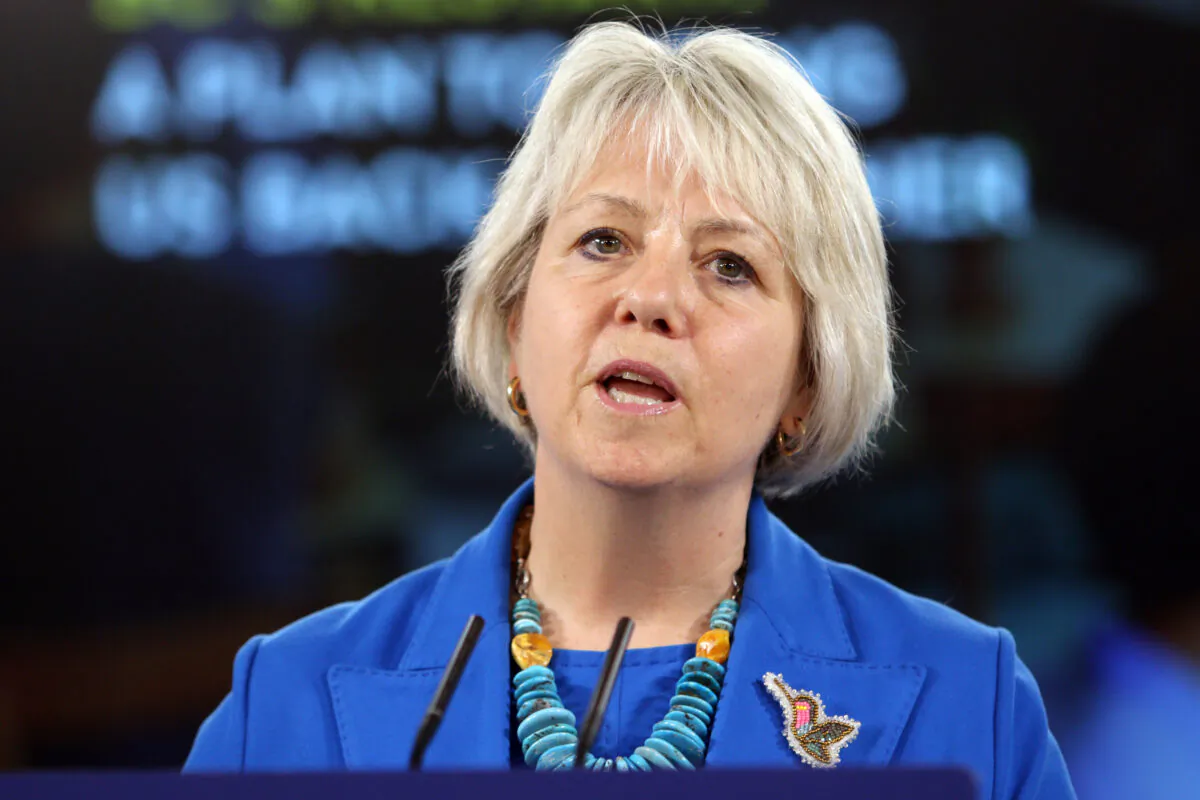 B.C.'s Provincial Health Officer Dr. Bonnie Henry speaks at a press conference at the Legislature in Victoria on May 25, 2021. (The Canadian Press/Chad Hipolito)